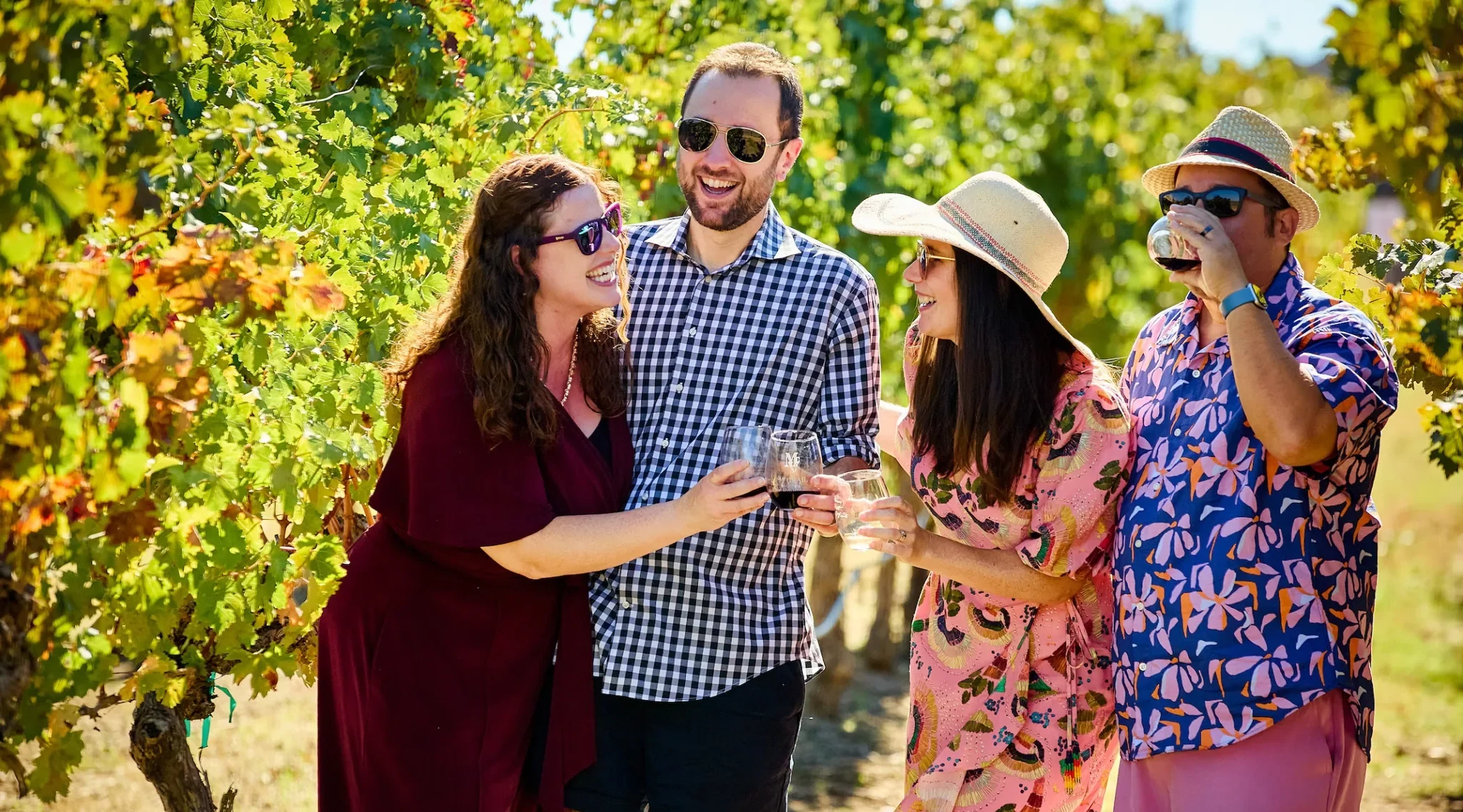 Four people tasting wine at a vineyard with grapevines in background.