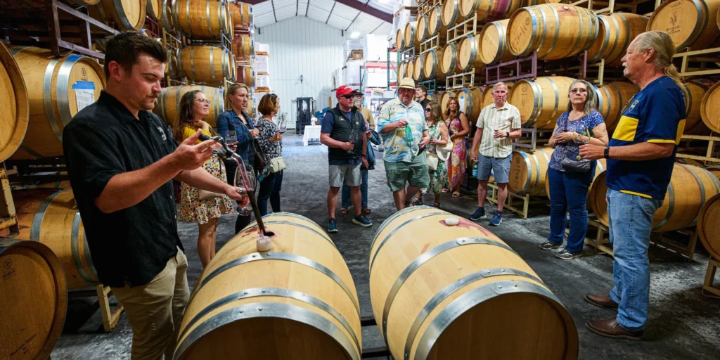 Winemaker leading a group barrel tasting tour in a vineyard cellar with stacked wooden oak barrels.