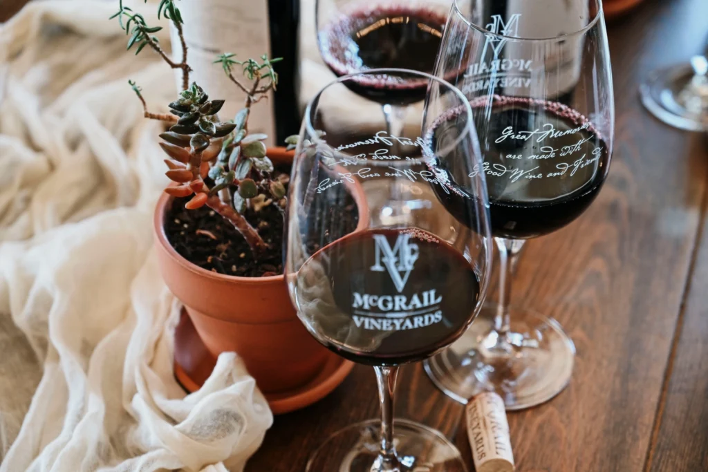 McGrail Vineyards Cabernet wines displayed in branded wine glasses during a tasting experience.